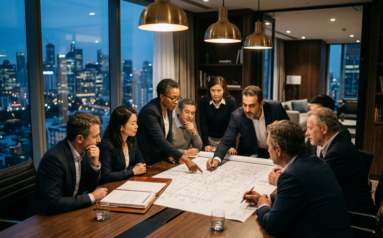 Senior executives and architects reviewing an enterprise architecture diagram around a seminar table at dusk